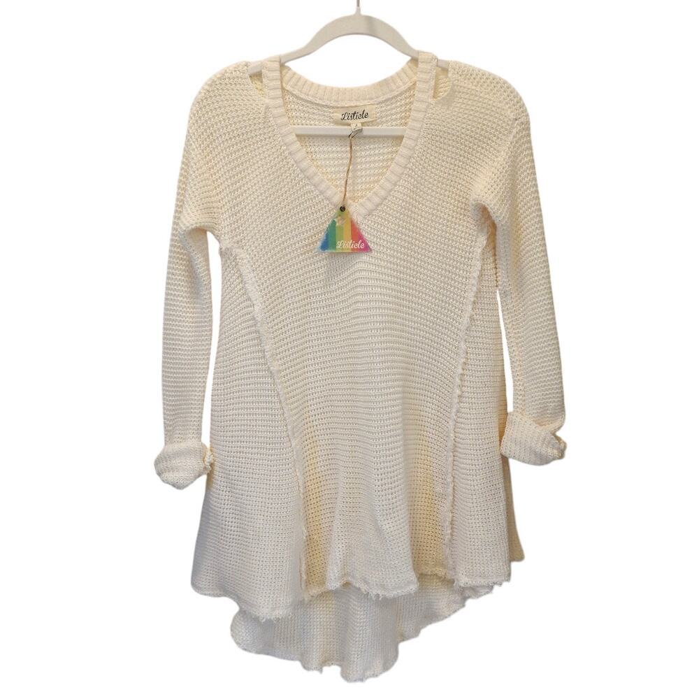 Listicle Distressed Long Sleeve Sweater in Cream - Size Small - NWT